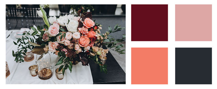 Burgundy and peach color palette.