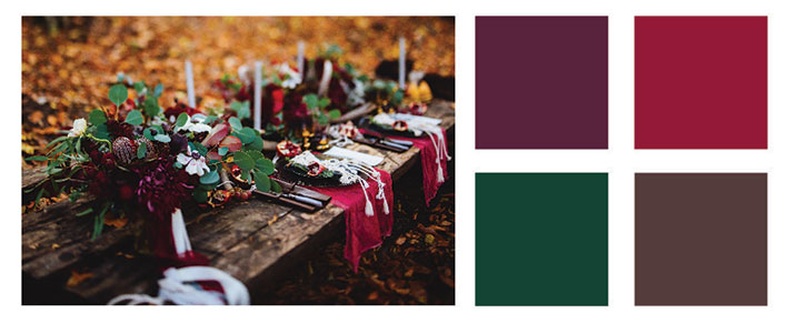 Maroon and forest green color palette.