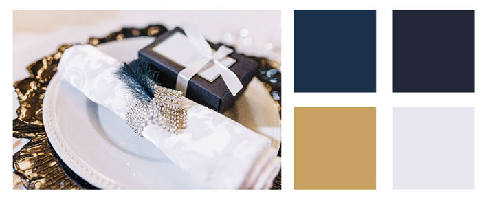 Navy and gold color palette.