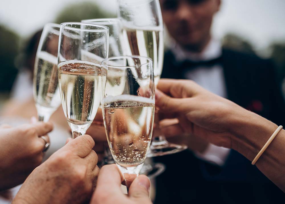 Group toasting with champagne glasses at a wedding.