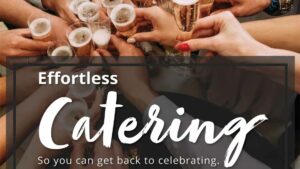 Effortless holiday catering banner with a background of people clinking together champagne glasses.