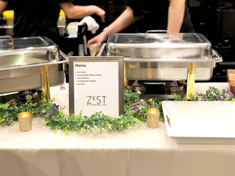 Zest Catering Company buffet table at a wedding reception.